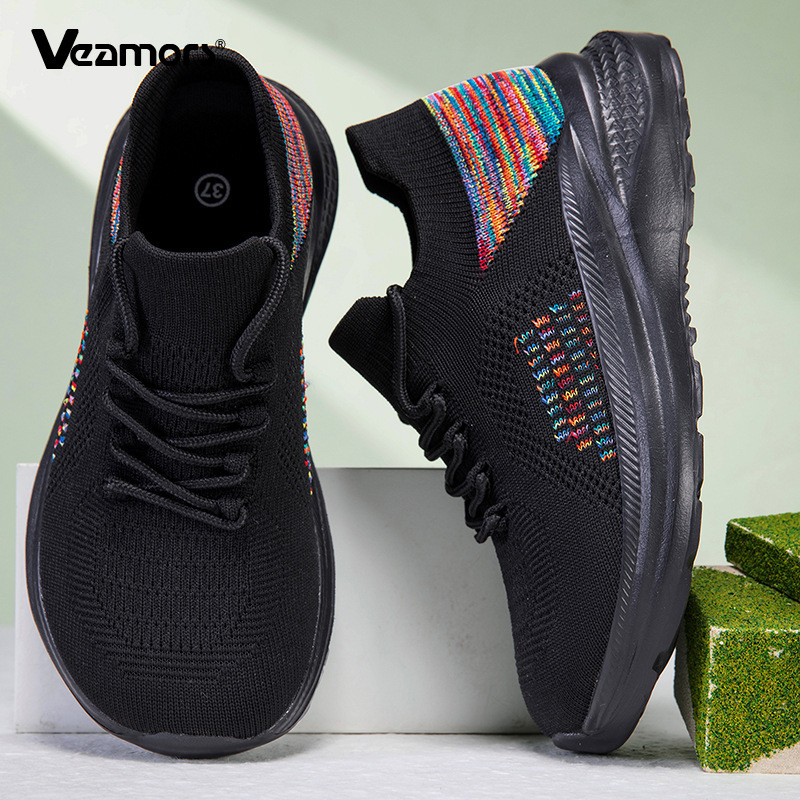 Knit Fabric Lace Up Sneakers - Oddychające sneakersy z siateczki, damskie sznurowane